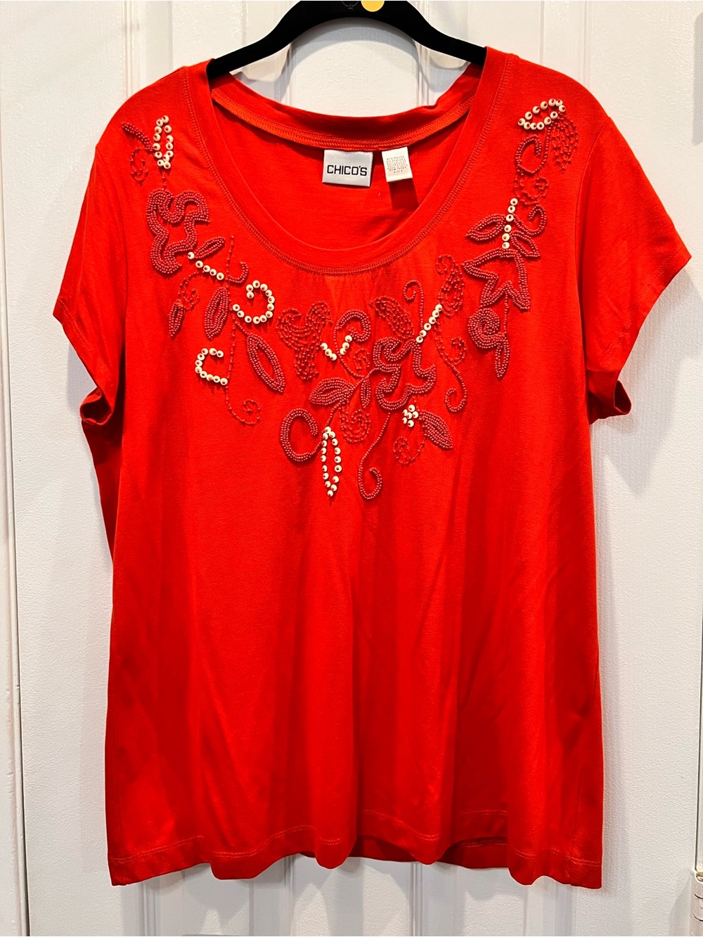 Chico's Red/Orange Beaded Neckline Short Sleeve Top Size XL